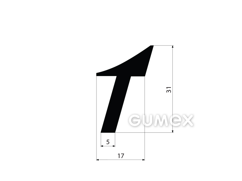 "T" Gummiprofil, 31x17/5mm, 70°ShA, EPDM, ISO 3302-1 E2, -40°C/+100°C, schwarz, 